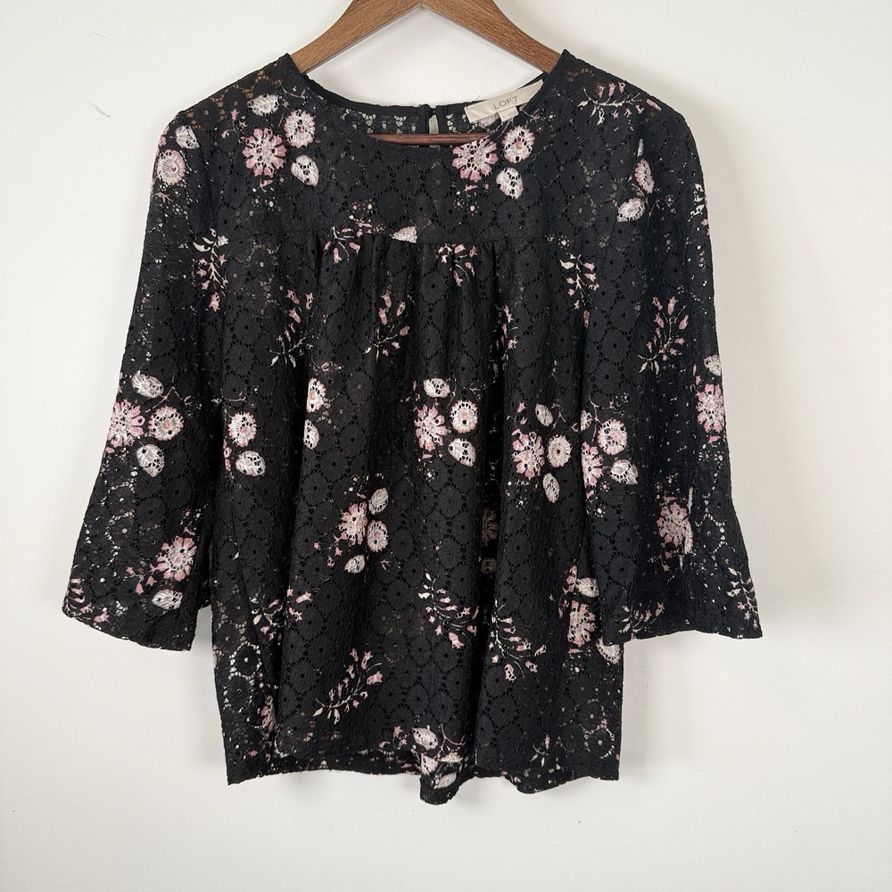 Loft Shirt 3/4 Sleeve Pace Floral‎ Black Pink Women's Size Small